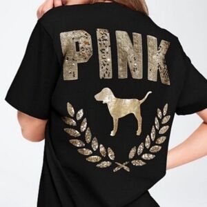 Victoria's Secret PINK Campus Short Sleeve Tee Black Bling Medium NEW